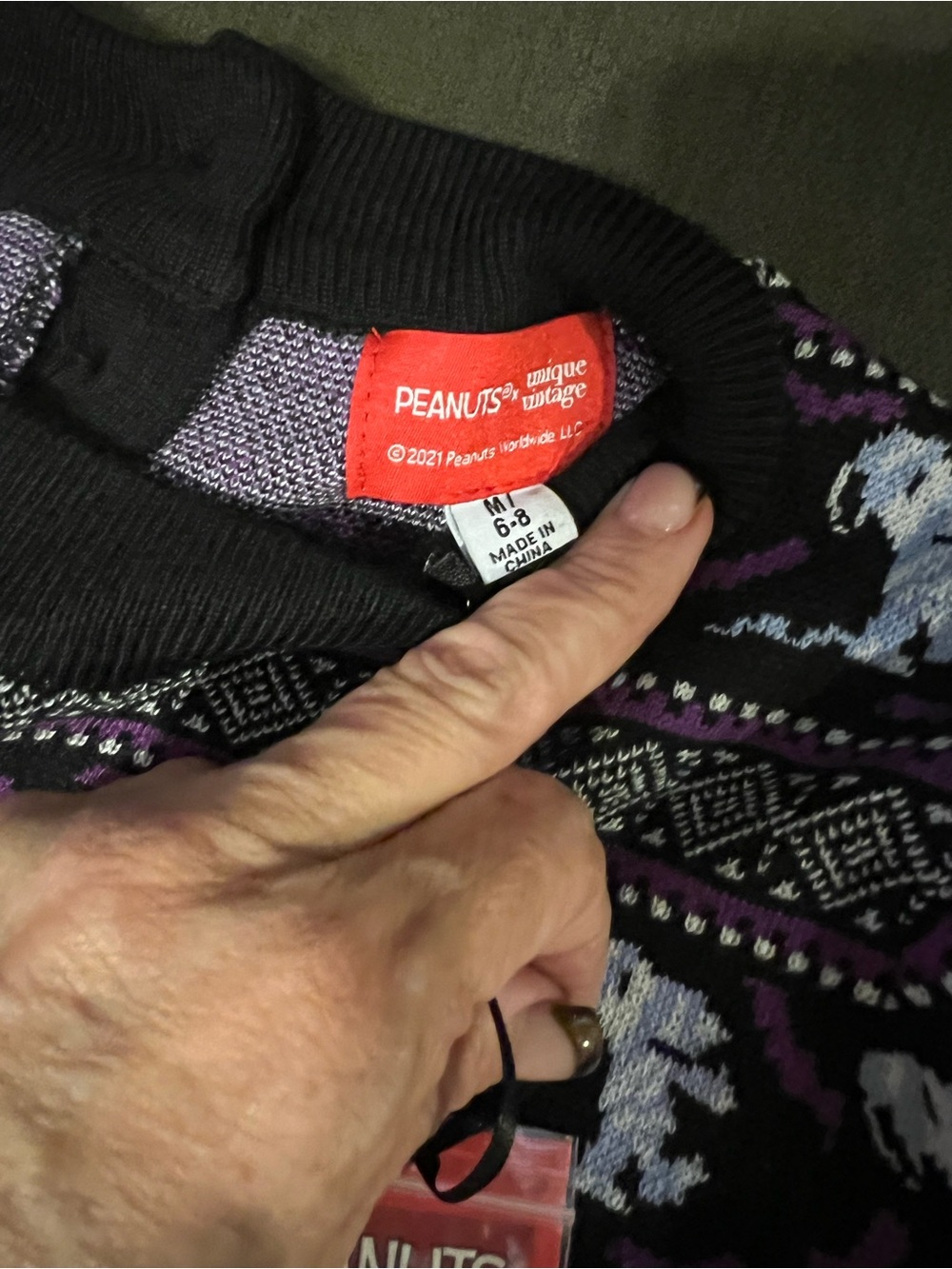 Unique Vintage Black Crewneck Snoopy Sweater with Purple & Light Blue Motif